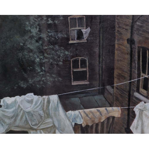 161 - 20th century English school - Industrial Backyard Scene with Washing on the Line - oil on artist's b... 