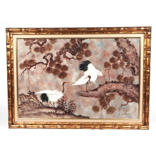 174 - A Maley - Japanese style study of two cranes amongst foliage, signed lower right, oil on canvas, fra... 