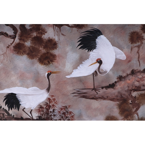 174 - A Maley - Japanese style study of two cranes amongst foliage, signed lower right, oil on canvas, fra... 