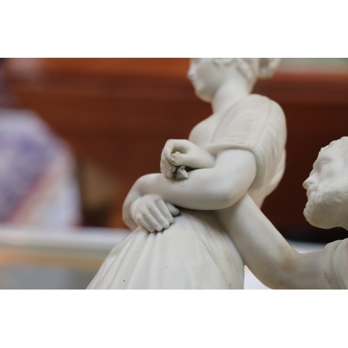 237 - A 19th century Parian figural group representing Charity, depicting a woman and child assisting a be... 