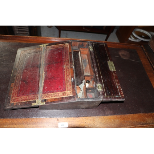 290 - A 19th century brass mounted rosewood lap desk (for restoration), 36cms wide.