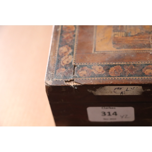 314 - A 19th century Tunbridgeware box of waisted form, the top decorated with a castle, 25cms wide; toget... 