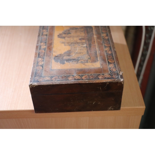 314 - A 19th century Tunbridgeware box of waisted form, the top decorated with a castle, 25cms wide; toget... 