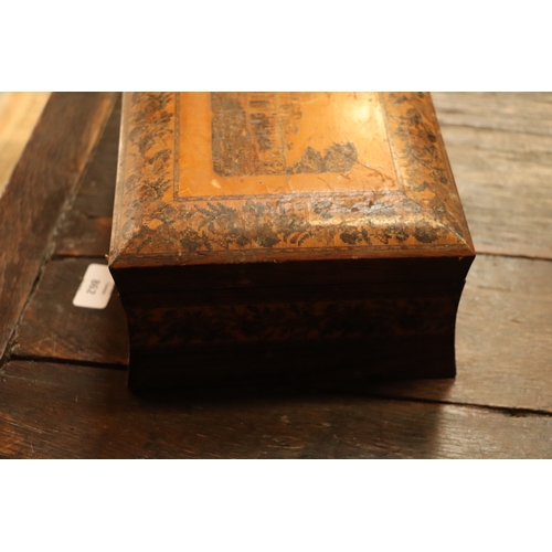 314 - A 19th century Tunbridgeware box of waisted form, the top decorated with a castle, 25cms wide; toget... 