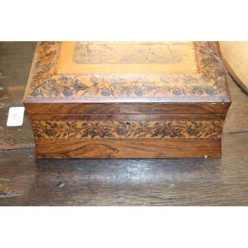 314 - A 19th century Tunbridgeware box of waisted form, the top decorated with a castle, 25cms wide; toget... 