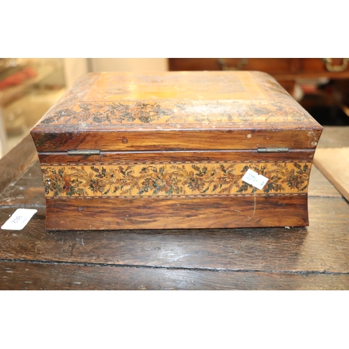 314 - A 19th century Tunbridgeware box of waisted form, the top decorated with a castle, 25cms wide; toget... 