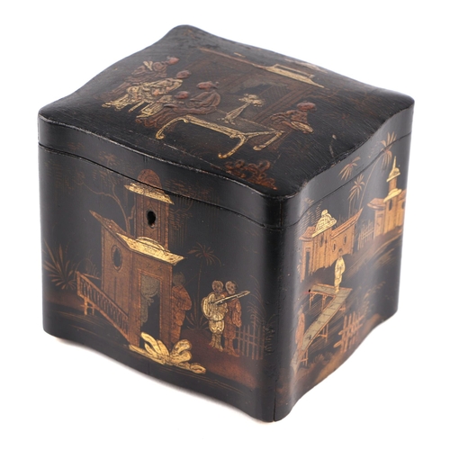 1000 - A 19th century chinoiserie lacquered tea caddy decorated with figures on a black ground, 13.5cms wid... 