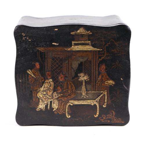 1000 - A 19th century chinoiserie lacquered tea caddy decorated with figures on a black ground, 13.5cms wid... 