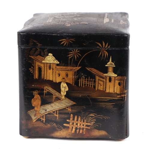 1000 - A 19th century chinoiserie lacquered tea caddy decorated with figures on a black ground, 13.5cms wid... 