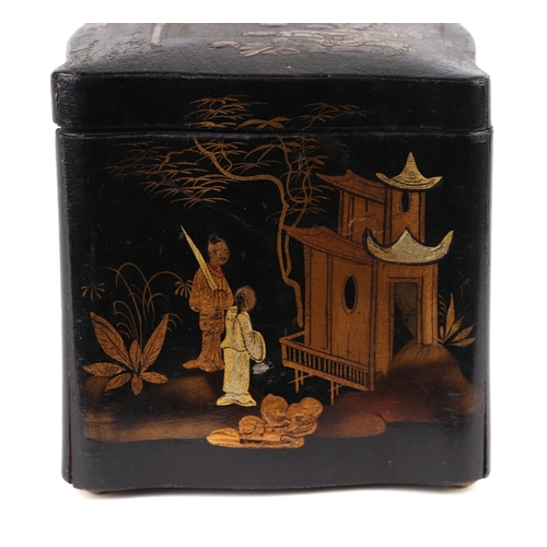 1000 - A 19th century chinoiserie lacquered tea caddy decorated with figures on a black ground, 13.5cms wid... 