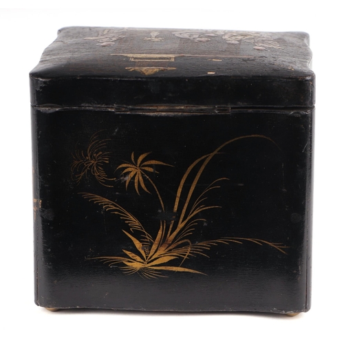 1000 - A 19th century chinoiserie lacquered tea caddy decorated with figures on a black ground, 13.5cms wid... 