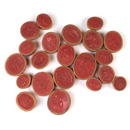 1029 - A collection of 19th century Grand Tour red wax seal impressions, mostly depicting classical figures... 