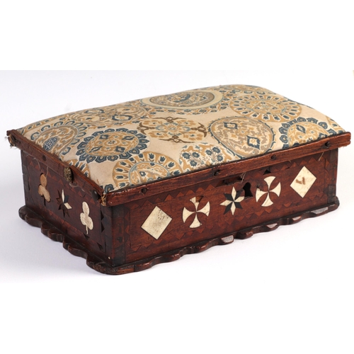 1045 - Early 18th century mahogany box inlaid with bone and ebony, playing card suits with upholstered lid,... 