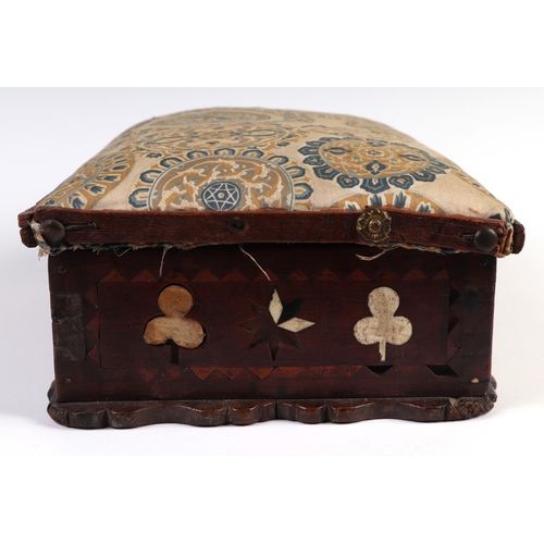 1045 - Early 18th century mahogany box inlaid with bone and ebony, playing card suits with upholstered lid,... 