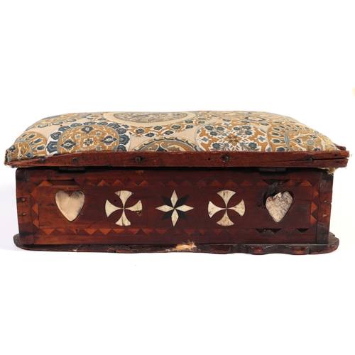 1045 - Early 18th century mahogany box inlaid with bone and ebony, playing card suits with upholstered lid,... 