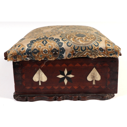 1045 - Early 18th century mahogany box inlaid with bone and ebony, playing card suits with upholstered lid,... 