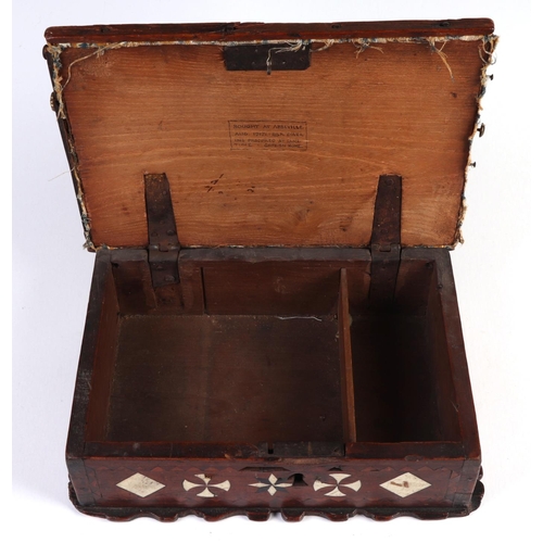 1045 - Early 18th century mahogany box inlaid with bone and ebony, playing card suits with upholstered lid,... 