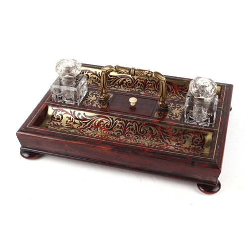 1058 - A French Boulle work desk stand of rectangular form with raised carrying handle between two inkwells... 