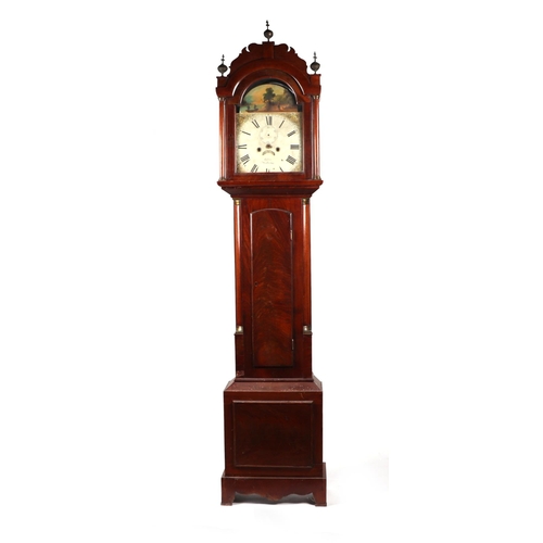 1079 - A figured mahogany long cased clock the arched painted dial with Roman numerals, the movement striki... 