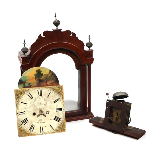 1079 - A figured mahogany long cased clock the arched painted dial with Roman numerals, the movement striki... 