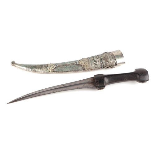 110A - A Persian Khanjar dagger with steel double fuller curved blade, jewelled with metal scabbard and hor... 