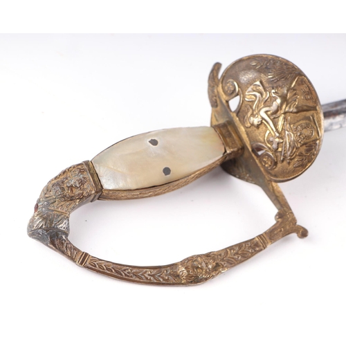 119 - A continental court sword, the mother of pearl and horn grip with gilt metal guard and pommel and 80... 