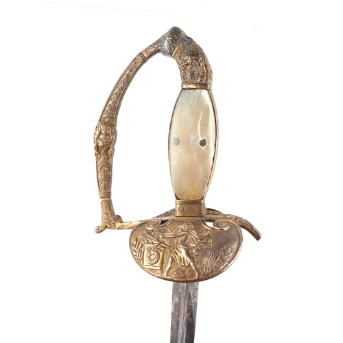 119 - A continental court sword, the mother of pearl and horn grip with gilt metal guard and pommel and 80... 