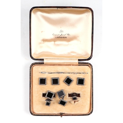 1217 - A French art deco paste and black onyx cufflinks and button dress set, marked 935, boxed.