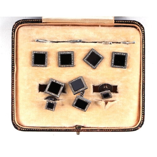 1217 - A French art deco paste and black onyx cufflinks and button dress set, marked 935, boxed.