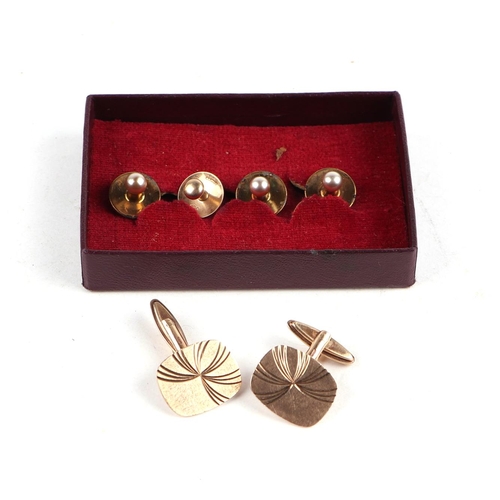 1222 - A pair of 9ct gold cufflinks, 7.3g; together with a set of four 9ct gold and seed pearl shirt studs,... 