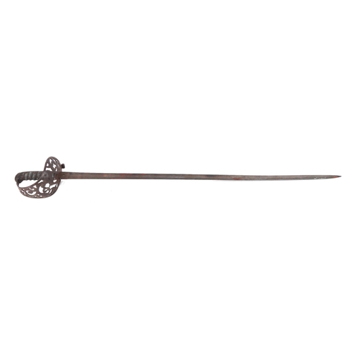 127 - A British Officer's sword with wirebound shagreen grip, pieced and engraved basket hilt and 89cms lo... 