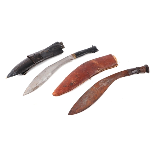 130 - A Kukri with leather scabbard, 42cms long; together with another similar (2).