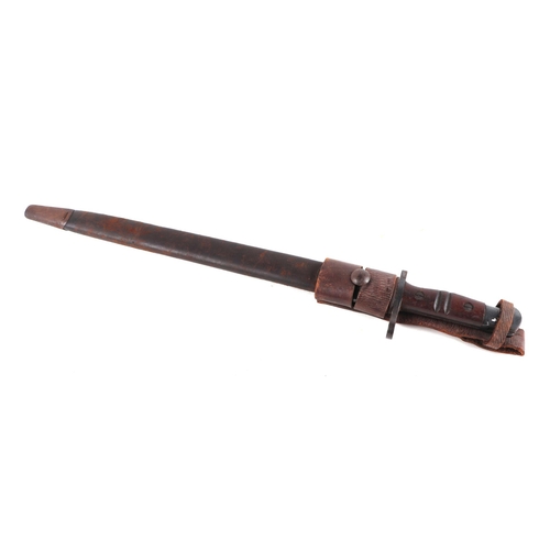 133 - A WWI bayonet with 44cms double fuller steel blade with leather scabbard and frog.