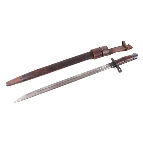 133 - A WWI bayonet with 44cms double fuller steel blade with leather scabbard and frog.