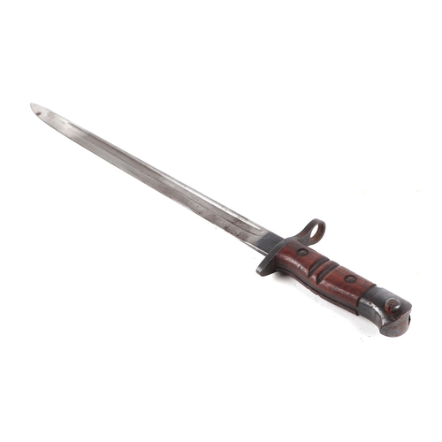 133 - A WWI bayonet with 44cms double fuller steel blade with leather scabbard and frog.