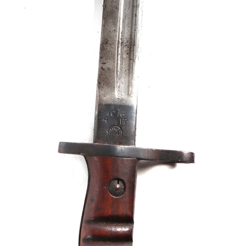 133 - A WWI bayonet with 44cms double fuller steel blade with leather scabbard and frog.