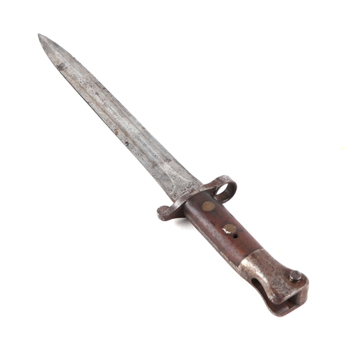 134 - A WWI bayonet with 30cms steel blade, signed 'Wilkinson London', with metal and leather scabbard.