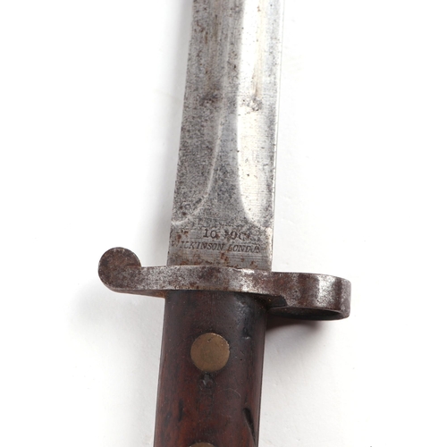 134 - A WWI bayonet with 30cms steel blade, signed 'Wilkinson London', with metal and leather scabbard.