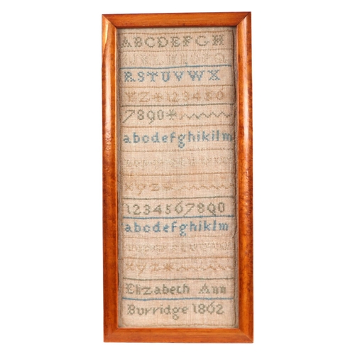 1368 - A Victorian sampler by Elizabeth Ann Burridge 1862, with alphabet and verse, 18 by 44cms, framed & g... 