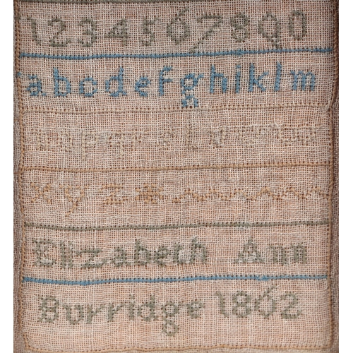 1368 - A Victorian sampler by Elizabeth Ann Burridge 1862, with alphabet and verse, 18 by 44cms, framed & g... 