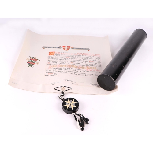 1384 - A Knights Templar scroll with seal, named to Lieutenant Colonel Arthur John Barry, in original black... 