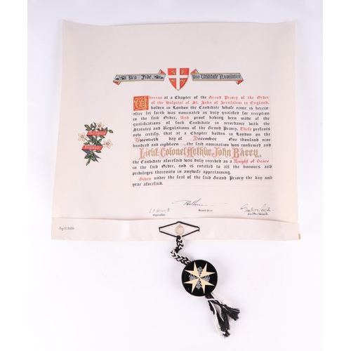 1384 - A Knights Templar scroll with seal, named to Lieutenant Colonel Arthur John Barry, in original black... 