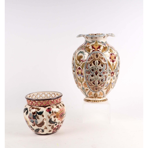 1391 - A Hungarian  Zsolnay vase, decorated flowers with a pierced rim, 10cm high together with a similar u... 