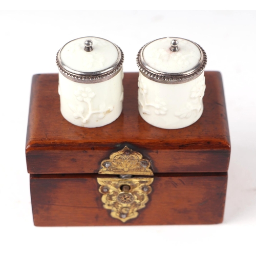 1397 - A pair of 18th century French Saint Cloud porcelain silver mounted miniature tobacco jars and covers... 