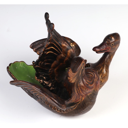 1402 - A 19th century gilded pottery twin section bowl in the form of a mandarin duck and another duck, pos... 