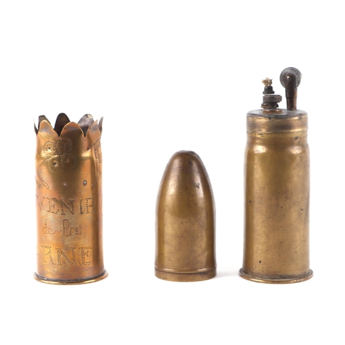 1422 - WWI trench art table petrol lighter in the form of an artillery shell 16cms (6.25ins) high with Mini... 