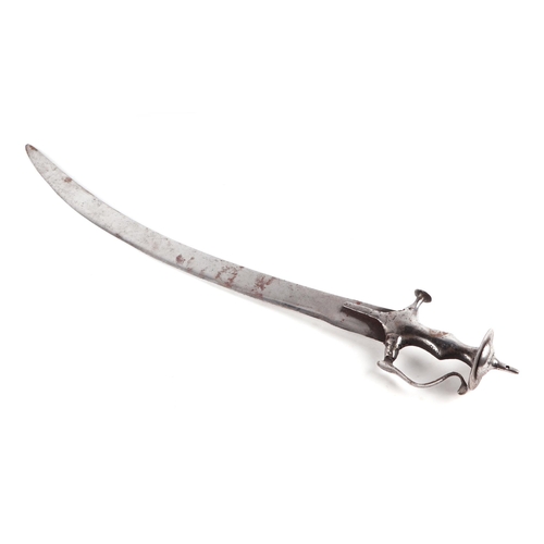 1427 - A polished steel Indian Tulwar sword with curved blade, disc hilt and knuckle guard. Blade length 68... 