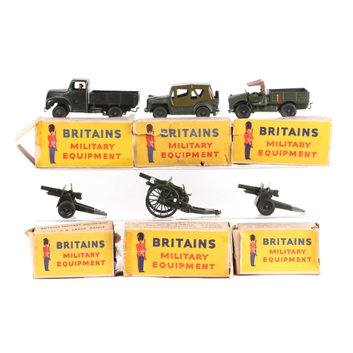 147 - A group of Britains Military Equipment vehicles to include field guns, Jeep and lorries, boxed (6).C... 