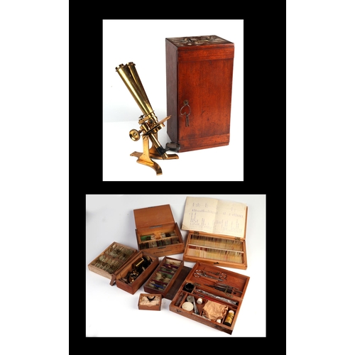 1494 - A late Victorian brass binocular microscope by Charles Collins, cased, with various objectives, eyep... 