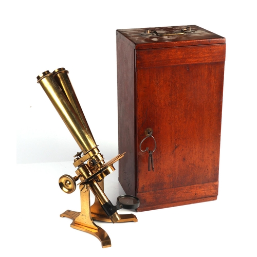 1494 - A late Victorian brass binocular microscope by Charles Collins, cased, with various objectives, eyep... 